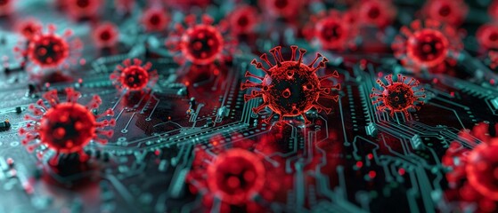 Red virus models on a circuit board macro close-up