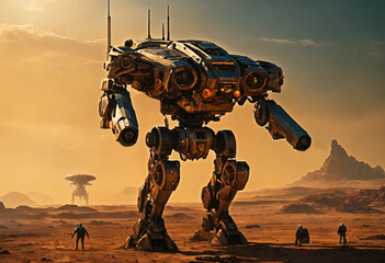 Huge fantastic walking robot on an alien planet expedition - 803007862