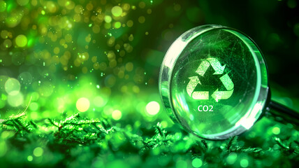 Magnifying glass on green background for climate change to limit global warming and sustainable development and green business concept