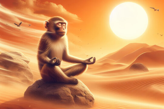 A monkey meditates in the desert in the lotus position.