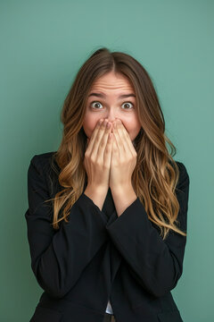 pretty woman looking happy, cheerful, lucky and surprised covering mouth with both hands. business concept
