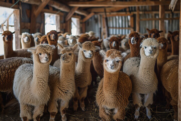 Obraz premium Farmers shear alpacas at an alpaca farm - focusing on sustainable and ethical production of animal fiber