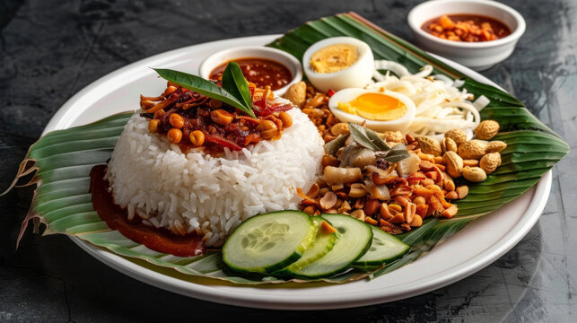 Authentic malaysian nasi lemak served on a banana leaf with spicy sambal, peanuts, cucumber, and boiled eggs on a dark table
