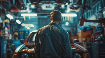 Obraz premium A man standing in front of a car in a garage