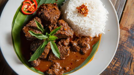 Authentic malaysian beef rendang served on a banana leaf with steamed jasmine rice, garnished with...