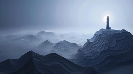 Create a minimal vector landscape illustration of a lighthouse on a hill overlooking a mountain range