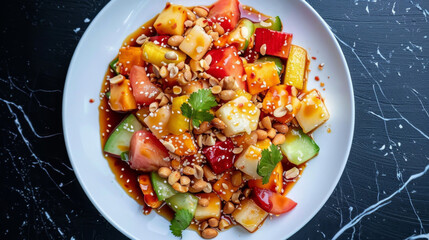 Authentic malaysian rojak salad with fresh fruits, vegetables, tofu, and peanuts drizzled with spicy peanut sauce on a white plate