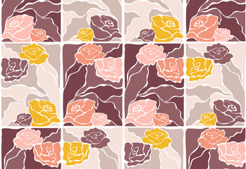 Groovy roses seamless pattern in colours. Beautiful hand drawn florals for textile prints. Aesthetic contemporary vector illustration.