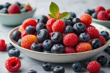 Fototapeta premium A plate filled with a colorful assortment of Blueberries and other berries