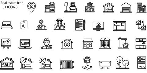 Set of line icons related to real estate, property, buying, renting, house, home. Outline icon collection. Editable stroke. Vector illustration. Linear business symbols
