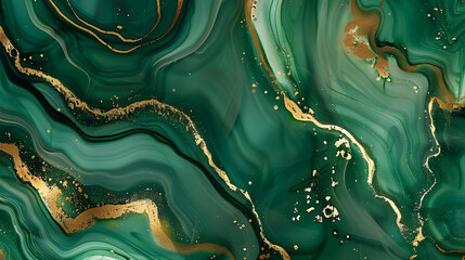 Abstract green liquid watercolour background with gold spots and lines. 