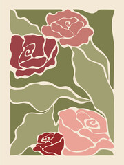 Trendy vintage print roses leaves abstract shapes. Modern aesthetic contemporary illustration for prints, 70s bohemian style.