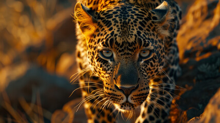 Close-up of a leopard at sunset.