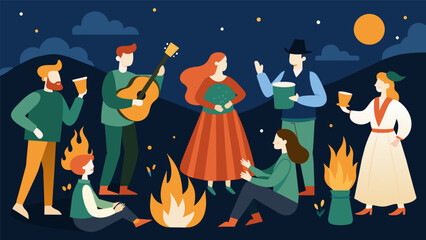 A group of people gathered around a bonfire singing and playing musical instruments representing the Irish celebration of freedom through music and. Vector illustration
