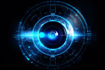 A futuristic eye with a glowing blue lens on a black background