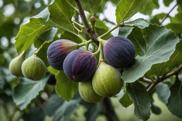 Ripe Figs hanging from the branches of a fig tree