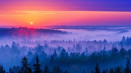 Obraz premium Misty sunrise over the tranquil forest landscape