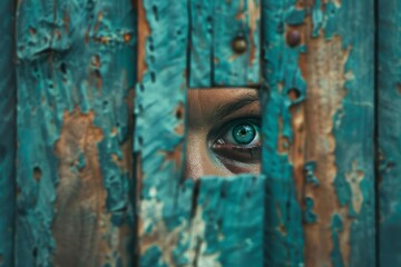 A young woman peers through a hole in a wooden fence