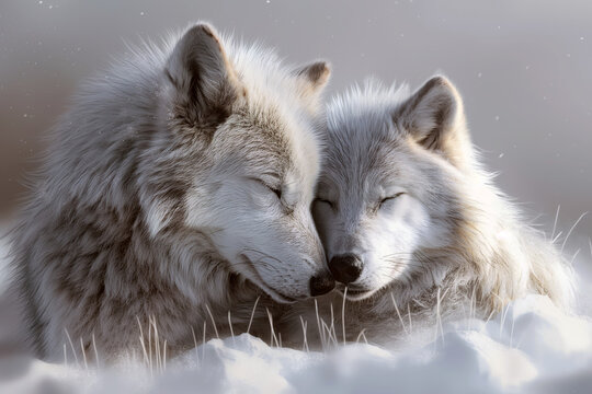 gray wolfs in the snow in love