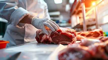 Expert butcher trims beef in a professional kitchen