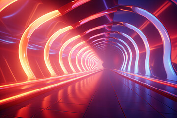 A brightly futuristic tunnel with colorful neon lights streaming out of the end
