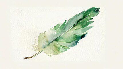 A watercolor painting of a feather. The feather is green with a light blue tint. It is soft and delicate, and looks like it is floating on the page.