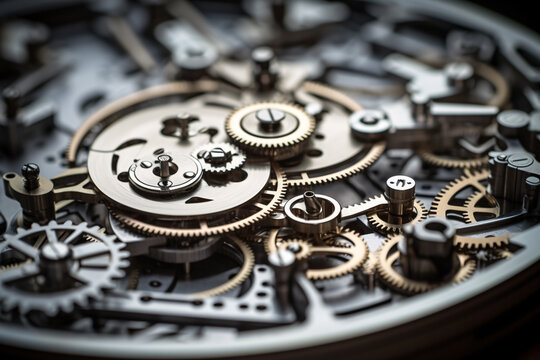 A close-up of a watch movement reveals intricate gears and tiny screws