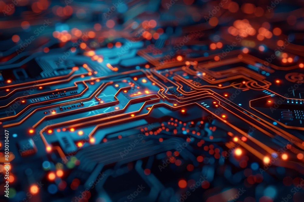 Poster An electronic circuit board with orange glowing lights. The board is blue and has many small components on it. It is a close-up view of the board.