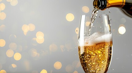 Elegant image of champagne being poured into a glass, showcasing vibrant golden bubbles and a soft bokeh background. Ideal for celebrations and festive occasions. - Powered by Adobe