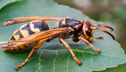 Asian wasp  on a vibrant green leaf