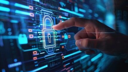 Obraz premium Develop locking mechanisms for secure operations, enhancing cyber privacy and secure cloud access with a holographic representation of security management abstraction.