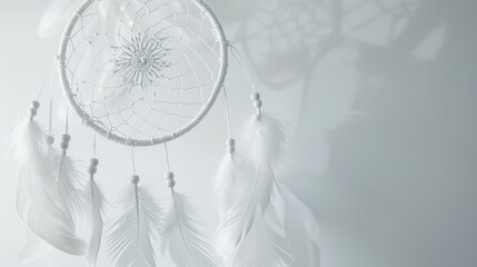 This image displays a beautifully crafted dream catcher adorned with white feathers, suspended against a shimmering white bokeh background, evoking a sense of serenity and dreams.