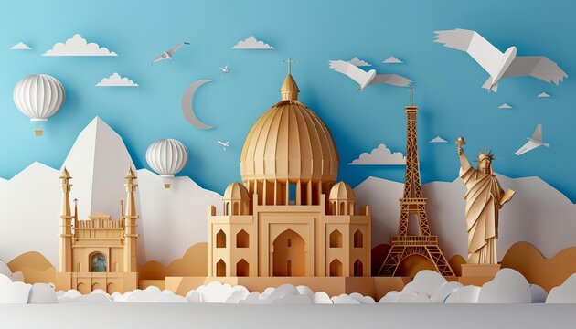 Illustrate a 3D paper-cut style travel poster featuring iconic monuments from around the world