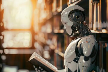 An android reads a book in a library