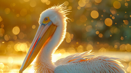 Close-up of a pelican at sunset