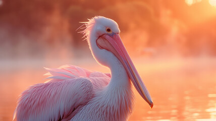 A pink pelican in golden sunset light. - obrazy, fototapety, plakaty