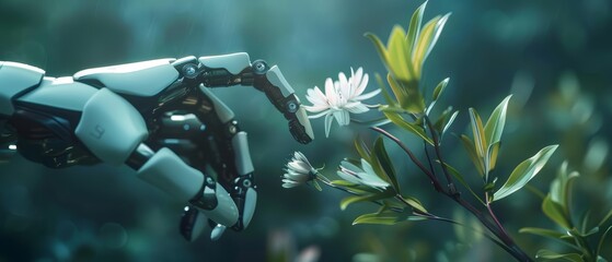 Generate a cinematic image of a robot gently touching a flower with a soft, glowing light