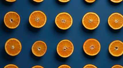 Flat lay pattern with summer citrus fruit on blue background. A visually striking pattern of fresh, ripe oranges neatly arranged on a dark blue surface, emphasizing vibrant color contrast .