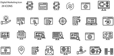Digital marketing linear icons collection.Digital marketing black icons. Vector illustration
