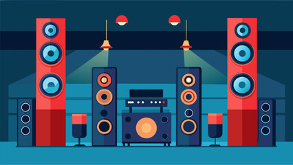 Obraz premium An impressive sound setup with floorstanding speakers inceiling speakers and a subwoofer for an unparalleled surround sound experience. Vector illustration