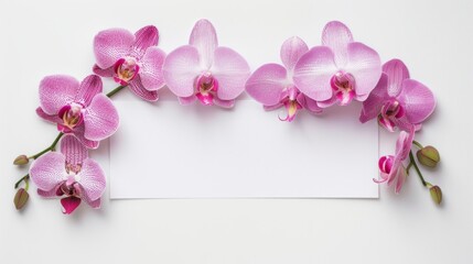 A captivating display of pink and purple orchids framing a central white blank card, perfect for invitations, greetings, or announcements.