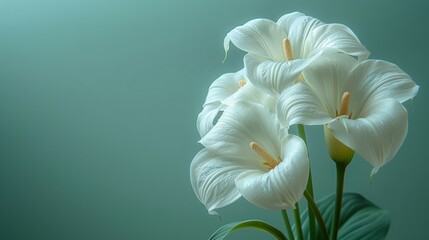 A serene image featuring three white calla lilies with a smooth gradient background, capturing the delicate beauty and subtle texture of the petals.
