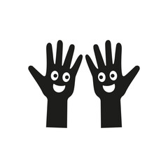 Two palms of hands together with cartoon faces smiling at each other. Vector silhouette.
