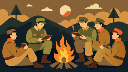 A group of soldiers sitting around a campfire smoking pipes and sharing stories of their experiences during the war.. Vector illustration