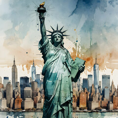 statue of liberty city in Water color