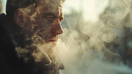 Man exhaling smoke in winter setting