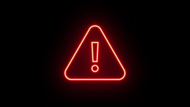 Neon exclamation mark animation, uniform rotation with color blink. Glowing neon 3D warning icon, looped spin. Caution signal, alert, urgent attention, error notice, danger. Magenta, red, yellow color