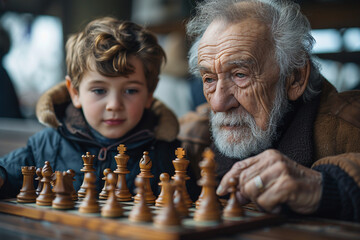 An elderly man playing chess with his grandchild, their minds engaged in friendly competition as they strategize each move