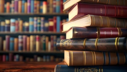 A stack of old books on a wooden table in a library.