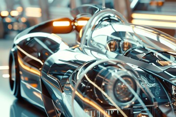 Render a close up of a futuristic motorcycle with a chrome finish